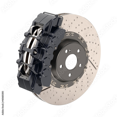 3D rendering of a brake disc assembly with an 8-piston aluminum caliper on a white background, close-up
