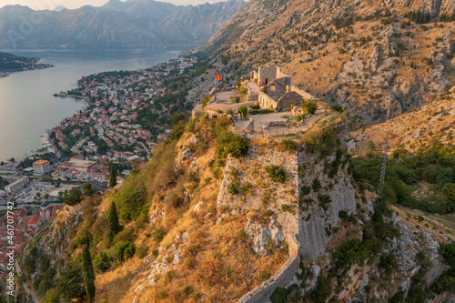 Sunset view at the top of St John (San Giovanni) Fortress and Castle, Old Town, Kotor, Bay of Kotor, Montenegro.