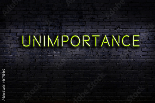 Neon sign. Word unimportance against brick wall. Night view