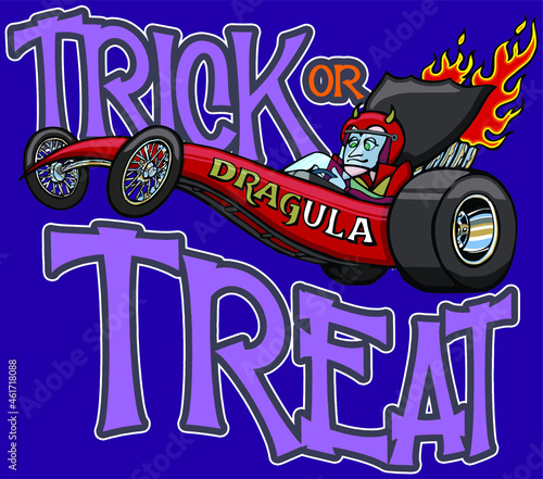 cartoon dracula driving a dragster | trick or treat | halloween monster