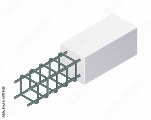 Isometric vector illustration tied rebar cage isolated on white background. Realistic steel reinforcement bars icon. Construction rebar. Steel rods used for reinforcing concrete. Building materials.