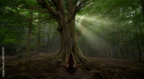 Woman doing yoga and meditation in the forest