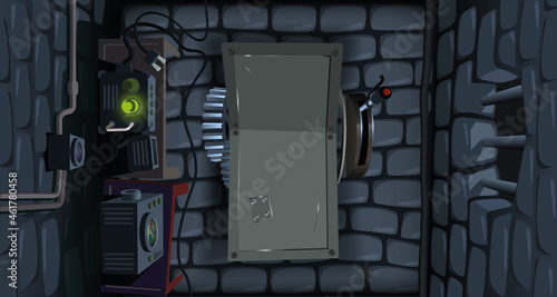 Halloween background, mad scientist's laboratory, vector illustration for children, Frankenstein's laboratory top view with empty space on the metal electric bed