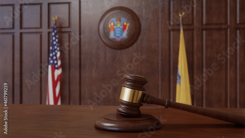 Courtroom scene with US flag and state seal and flag of the state of New Jersey. 3d rendering