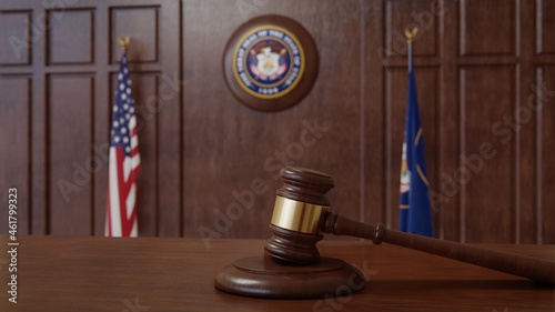 Courtroom scene with US flag and state seal and flag of the state of Utah. 3d rendering