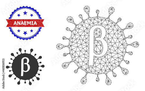 Mesh Beta covid virus frame icon, and bicolor scratched Anaemia stamp. Mesh wireframe symbol based on Beta covid virus icon. Vector imprint with Anaemia tag inside red ribbon and blue rosette,