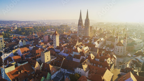 Drone shot over the old town of Regensburg