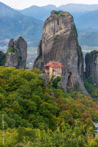 Rousanou monastery, an unesco world heritage site, located on a unique rock formation above the village of Kalambaka during fall season.
