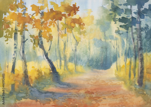 Autumn path in the forest watercolor landscape.