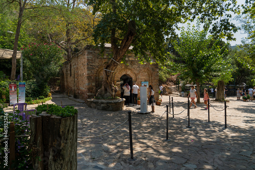 Selcuk, Izmir, Turkey - August 23, 2021: Restored house of Virgin Mary (Meryemana Evi), now a Catholic shrine located on Mt. Koressos in the vicinity of Ephesus.
