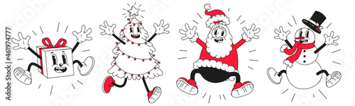 Christmas cartoon characters. Set of vector comic illustrations with snowman, Santa Claus in trendy retro cartoon style.