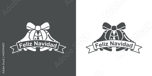 Logotipo con texto Feliz Navidad en español en cinta con campanas de Navidad con lineas en fondo gris y fondo blanco