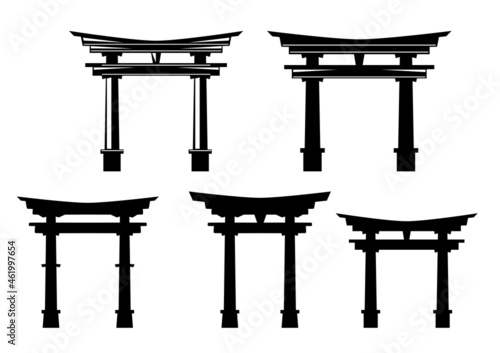 traditional japanese torii gate entrance to shinto shrine - black and white vector outline and silhouette design set