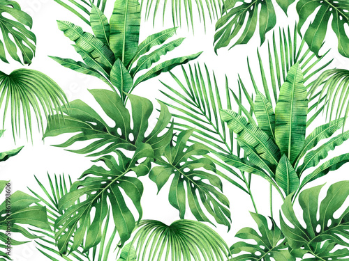 Watercolor painting monstera,coconut,banana leaves seamless pattern background.Watercolor hand drawn illustration tropical exotic leaf prints for wallpaper,textile Hawaii aloha jungle pattern.