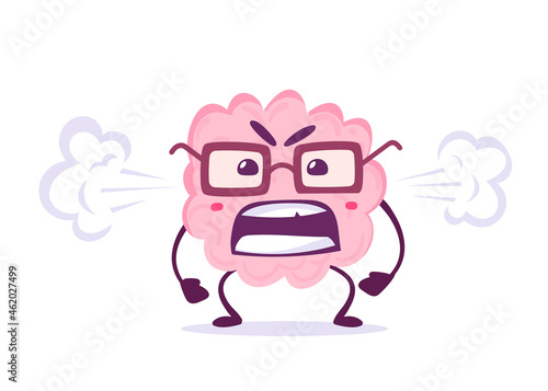 Vector Creative Illustration of Emotional Angry Pink Human Brain Character with Steam from Ear on White Background. Flat Doodle Style Knowledge Concept Design of Brain in Glasses