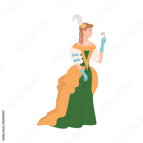 Lady in luxury historical costume of 18th century. Aristocratic Baroque and Rococo fashion cartoon vector illustration