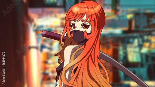 Sexy anime manga girl with a katana in her hand stands pathetically she has bright fiery hair, she wears a mask and wide pants HD wallpaper format