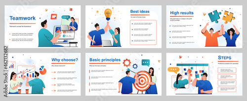 Teamwork concept for presentation slide template. People work together, generate ideas, discuss tasks, analyze data, targeting, achieving goals, collaboration. Vector illustration for layout design