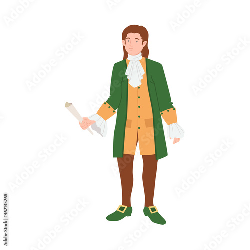 Man in historical costume of 18th century. Rococo fashion cartoon vector illustration