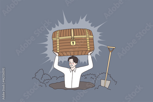 Happy man hunter seeker hold chest find treasure in ground. Excited male archeologist with gem artefact. Treasure gold hunting. Cartoon detailed illustration, flat vector.