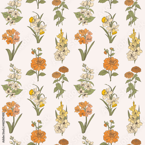 Hand-Drawn Floral Vector Seamless Pattern. Fashion Textile Background. Zinnia and other flowers.