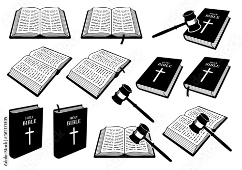 Christian Holy Bible Book of Judgement with judge gavel. Vector illustrations depict a set of Holy Bible books that open, close, showing cover, and with a judge hammer or gavel.
