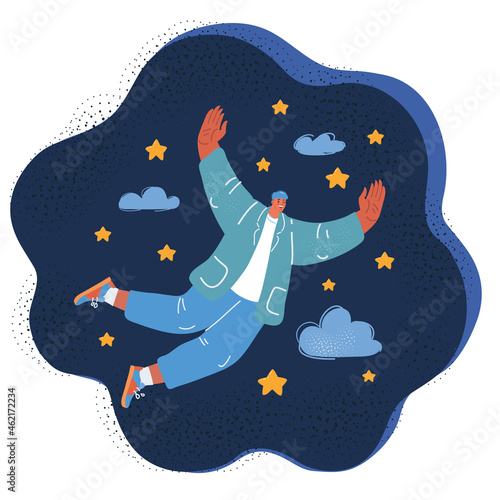 Vector illustration of businessman fly at stary cloud sky