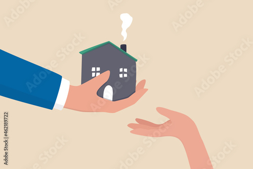 Inherit house or real estate from parents, financial advisor on legacy planning, passing an inheritance to children concept, father giving house, wealth or property to his children small hand.