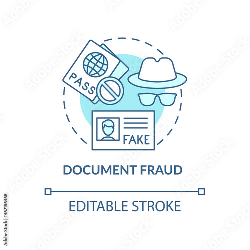 Document fraud blue concept icon. False documents. Illegal papers. Fake visa and border pass. Deportation abstract idea thin line illustration. Vector isolated outline color drawing. Editable stroke