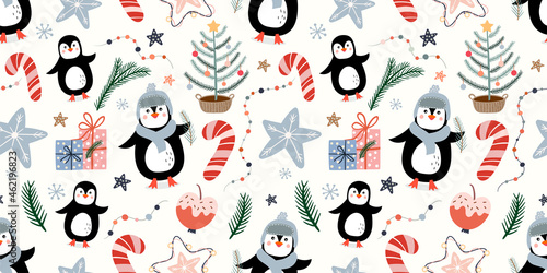 Christmas seamless pattern with cute penguins, festive background, gift paper, winter surface design