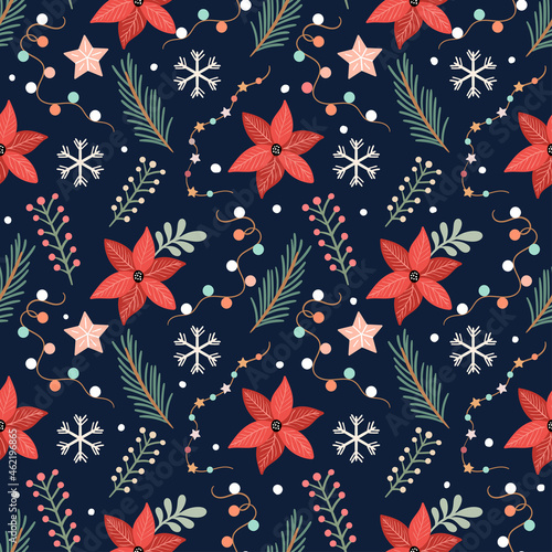 Christmas floral seamless pattern with poinsettia flower, festive background, winter wallpaper, gift paper