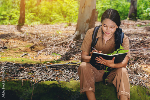 Biologist or botanist recording information about small tropical plants in forest. The concept of hiking to study and research botanical gardens by searching for information.