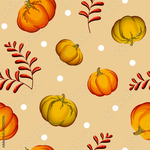 Hand-drawn autumnal season surface design of ripe vegetables and red leafage in flat style. Spotted cosy pumpkins pattern in beige background. Natural vector elements for wallpaper, textile, fabric.