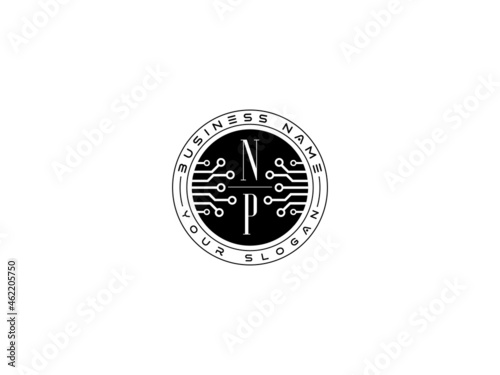 Technology NP Logo, Initial np Technology Logo concept, round emblem, solution symbol logotype white background