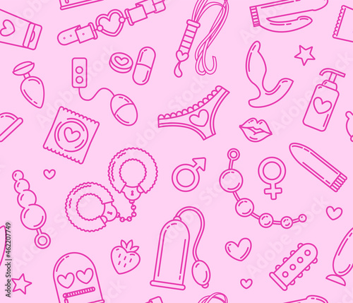 Adult shop and sex toys icons seamless pattern on pink background. Linear style BDSM roleplay items icon collection. Fashion printable background