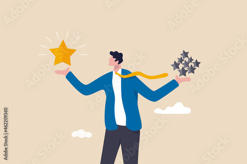 Quality vs quantity, management to assure excellent work outcome, working attitude to deliver superior result concept, smart businessman holding precious high quality stars versus other ordinary stars