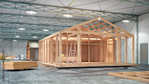 Workshop assembly of modular buildings. 3d rendering