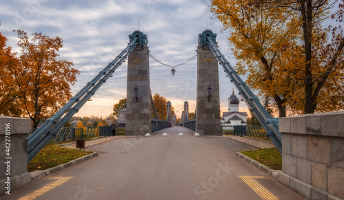 City Ostrov with the famous ancient chain bridges and the Temple on the island