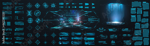 Sci-fi digital interface HUD elements mega set pack. User Interface, frame screens. Callouts titles, FUI circle set, Loading bars. Dashboard display virtual reality technology screen. Vector 