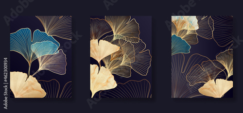 Luxury black and white background with golden ginkgo leaves. Stylish botanical design with lines for the interior.