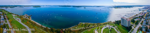 Portland Harbor and mouth of the Fore River panoramic aerial view from East End of Portland, Maine ME, USA. 