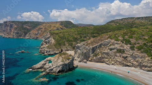 Aerial drone photo of beautiful turquoise paradise beach of Kaladi one of the best in island of Kythera, Ionian, Greece