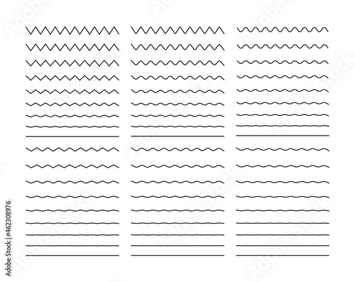 Zigzag wave. Wavy line. Undulate zigzag. Curve and squiggle line. Wiggly pattern for divider, sine and border. Serrated pattern with different amplitude. Parallel graphic zig zag. Vector