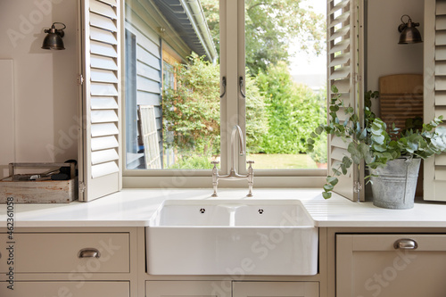 Domestic kitchen with clean sink and countertop