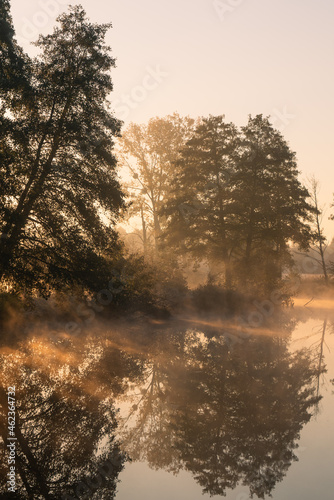 Jesienny pejzaż nad wodą. Mgły, drzewa, promienie słońca, rzeka. Staw w Białej na rzece Czerniawce, Gmina Zgierz