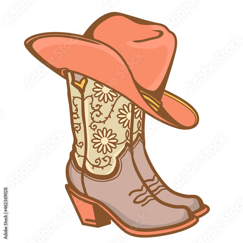 Cowboy boots and cowboy hat with sunflowers decoration. Cowgirl boots vector vintage color illustration isolated for print. Country wedding decor