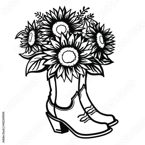 Cowboy boots with sunflowers bouquet decoration. Cowgirl boots vector illustration Country wedding decor isolated on white for print