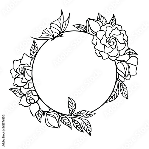 Round frame with gardenia flowers. Vector black and white illustration.