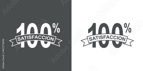 Banner con texto en español Satisfacción 100 por ciento en cinta en fondo gris y fondo blanco