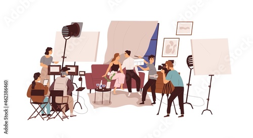 Director, cameraman and actors at film-making process, shooting love scene of melodrama movie. Backstage of video production crew at work. Flat graphic vector illustration isolated on white background